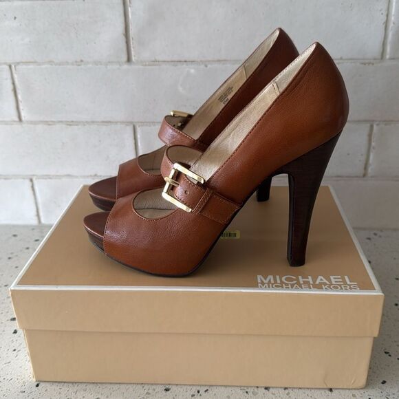 Michael Kors Chandler Mary Jane Leather Brown Peep Toe Heels Platform Size 8.5M - Picture 1 of 16